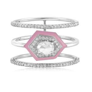 Hexagonal Triplet Diamond Ring in Sakura Pink