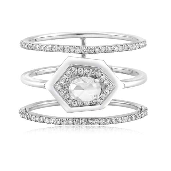 Hexagonal Triplet Diamond Ring in White
